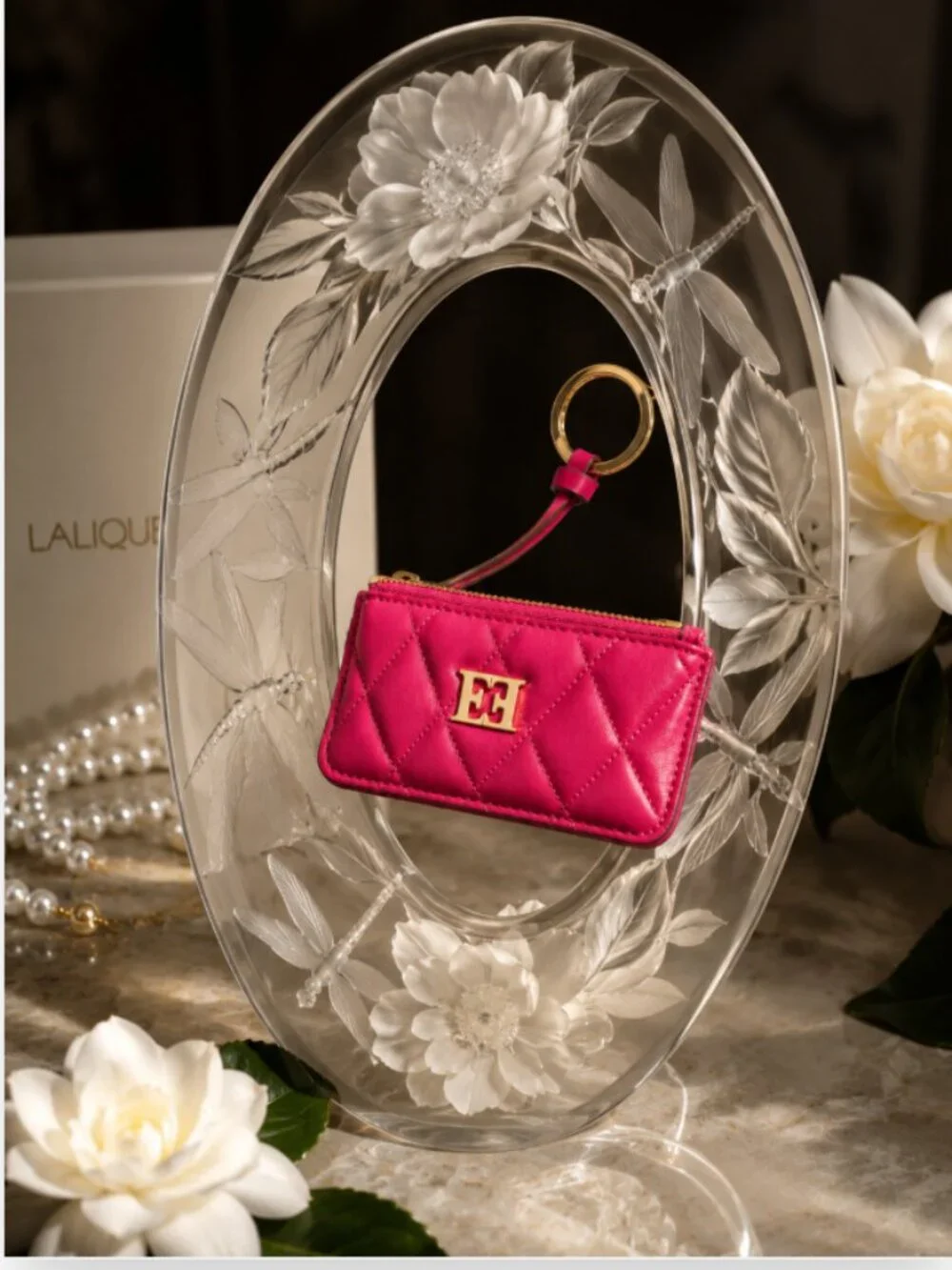 Escada Pink Quilted Leather Key Holder Coin Purse Card Case w/ Dust Bag Rare
